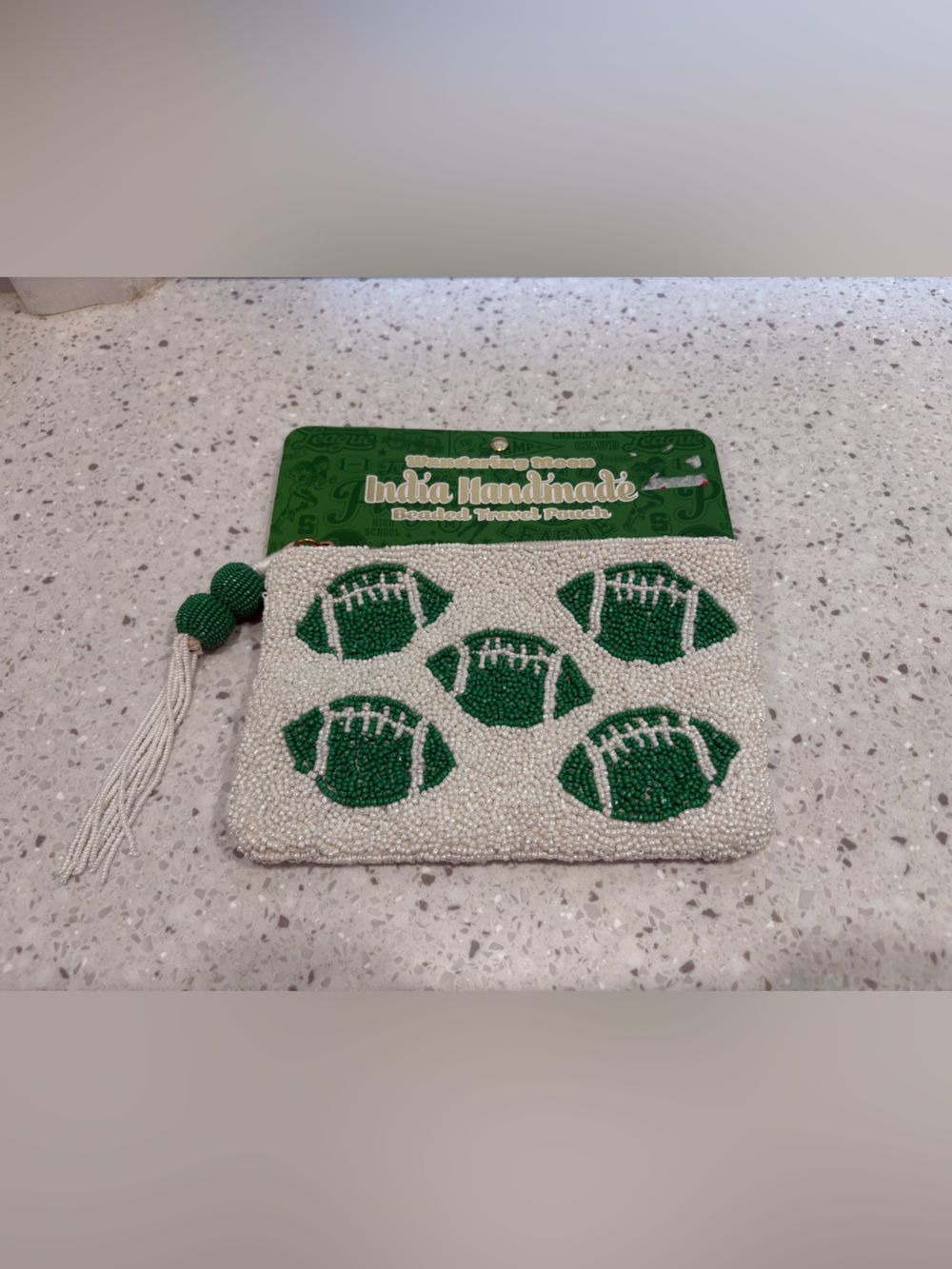 NWT Wandering Moon White Beaded Pouch with Green Football Motif